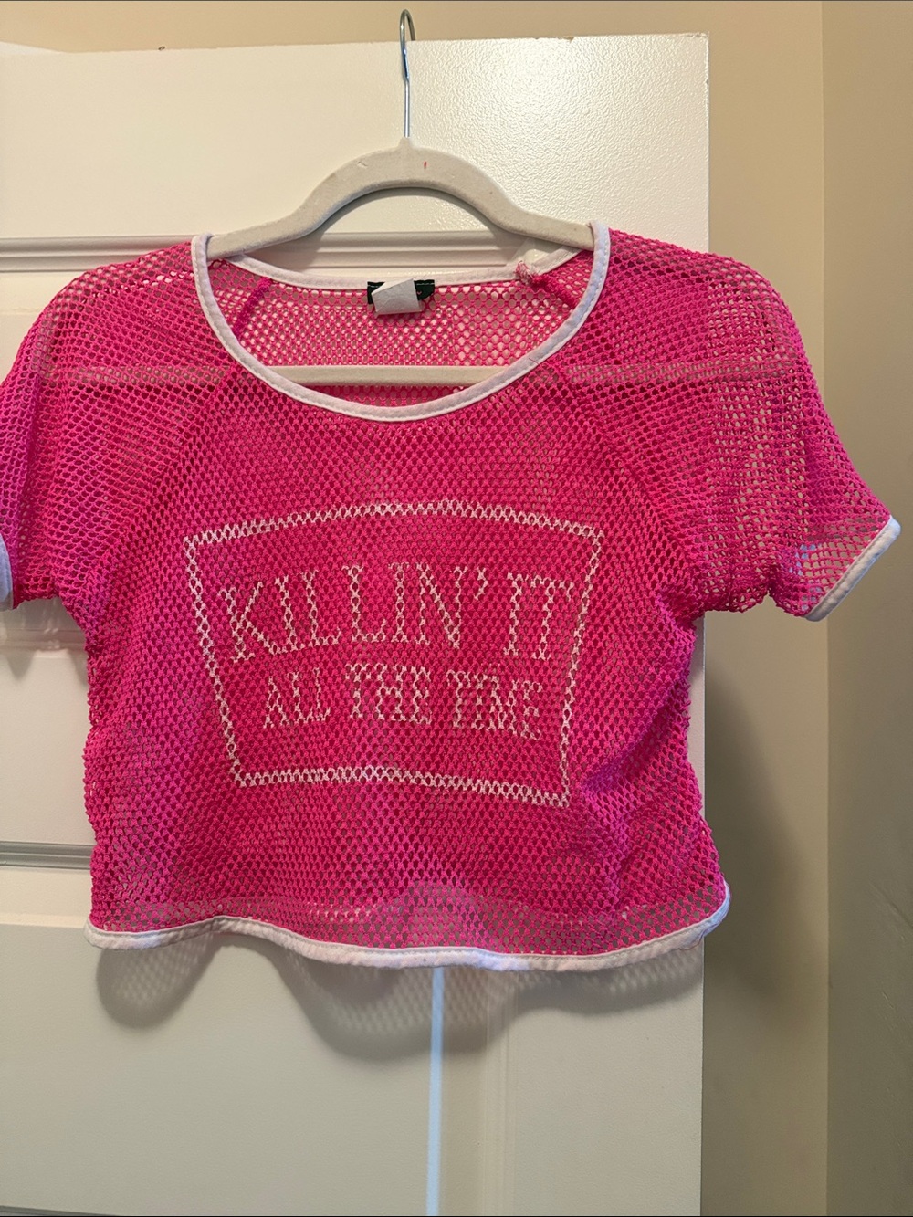 Hot Pink Mesh Crop Tee with White Trim